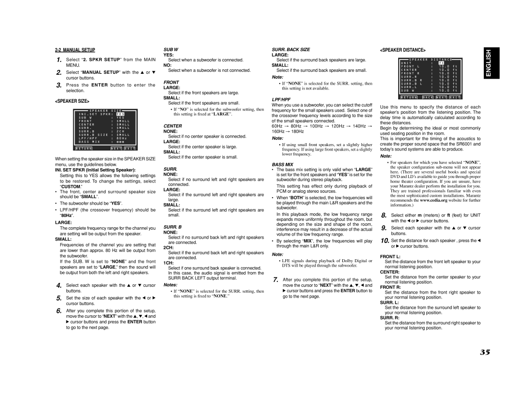 Marantz SR6001 manual Manual Setup, Speaker Size, Speaker Distance 