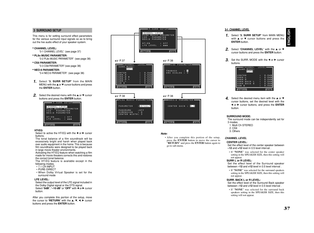 Marantz SR6001 manual Surround Setup, Channel Level 