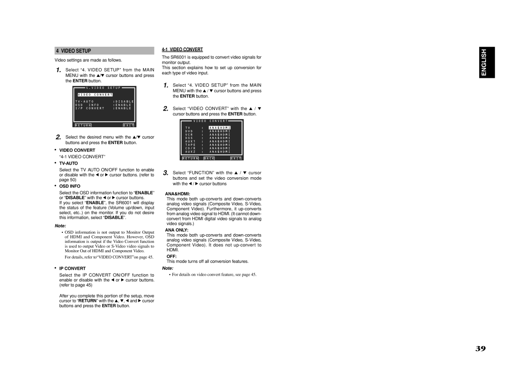 Marantz SR6001 manual Video Setup, Video Convert 