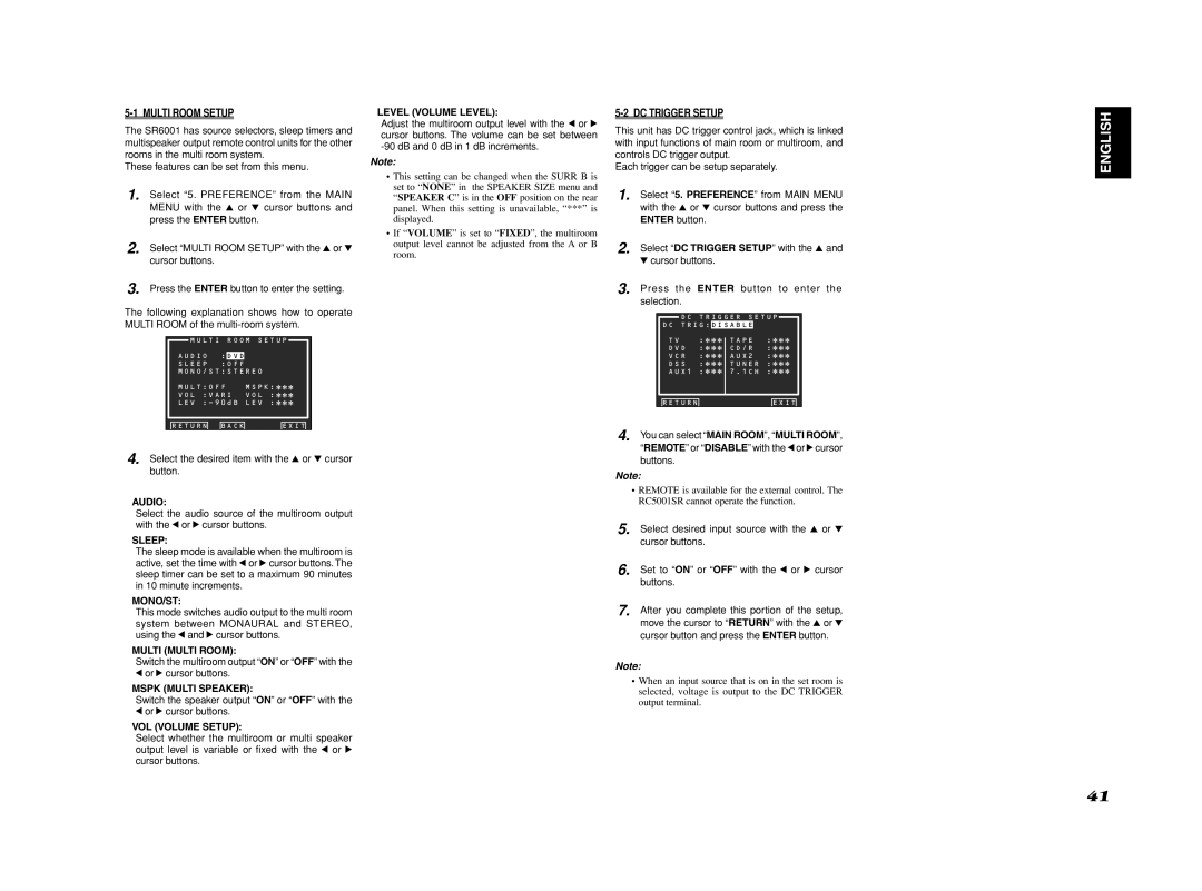 Marantz SR6001 manual Multi Room Setup, DC Trigger Setup 