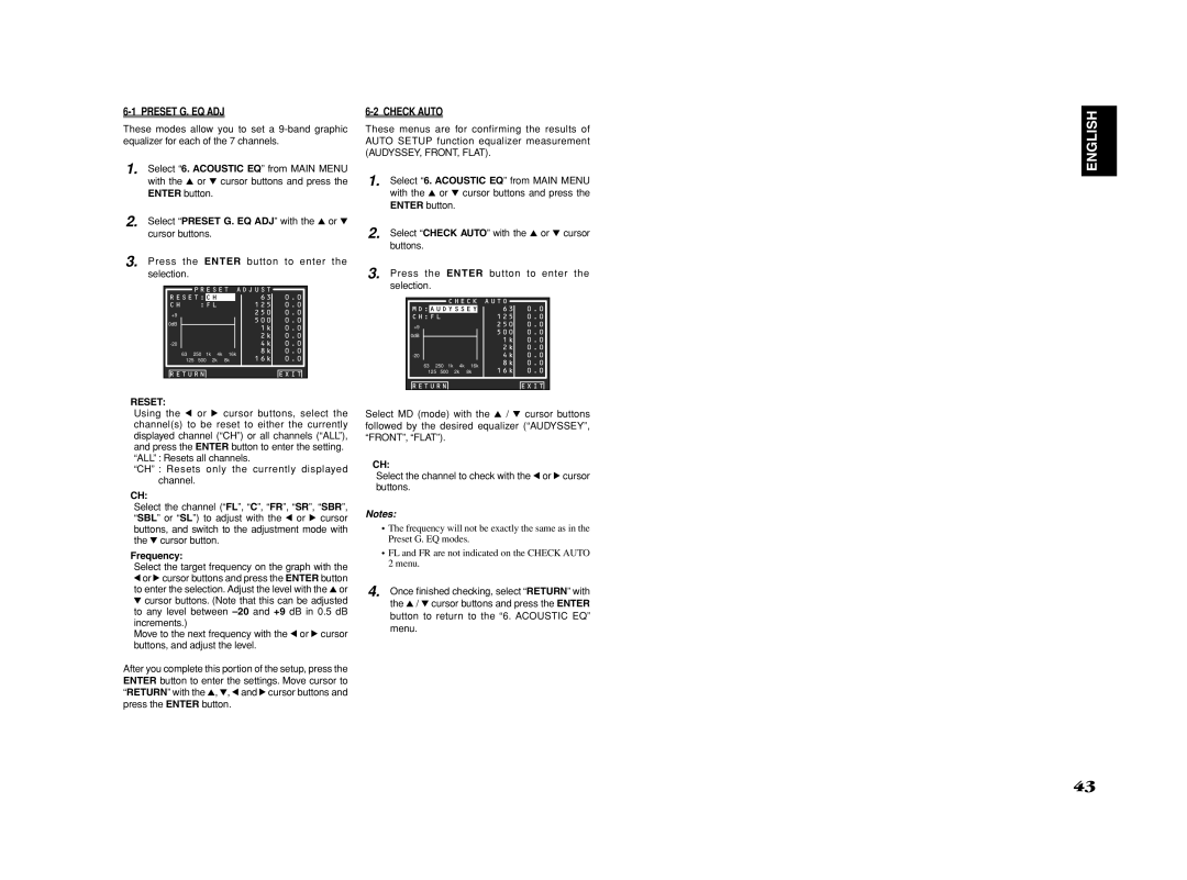 Marantz SR6001 manual Preset G. EQ ADJ, Check Auto, Reset, Frequency 