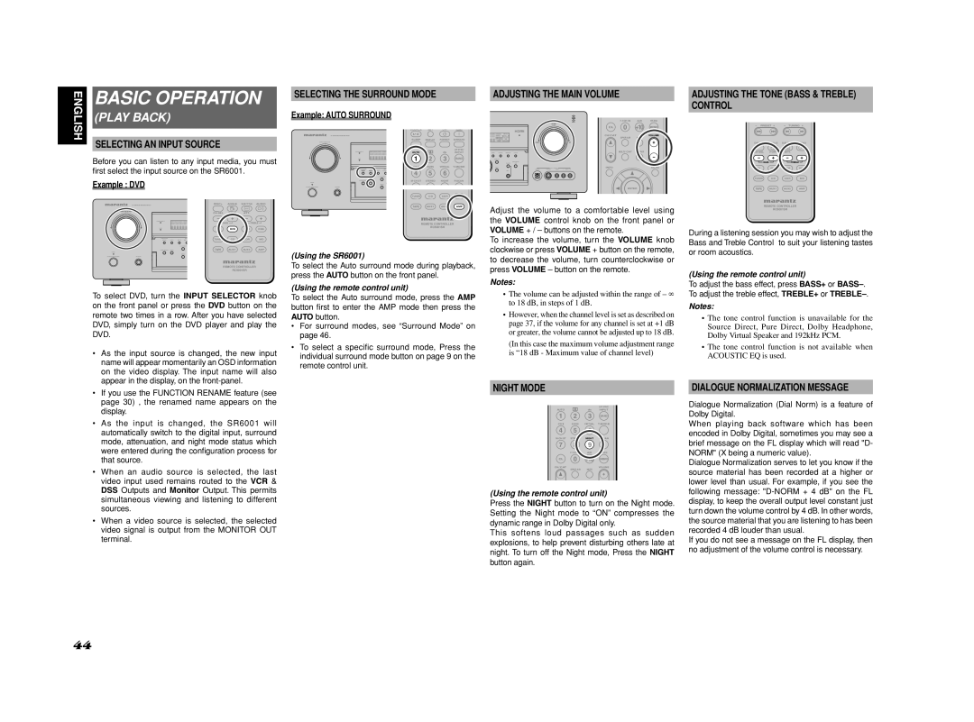 Marantz manual Selecting the Surround Mode, Selecting AN Input Source, Dialogue Normalization Message, Using the SR6001 