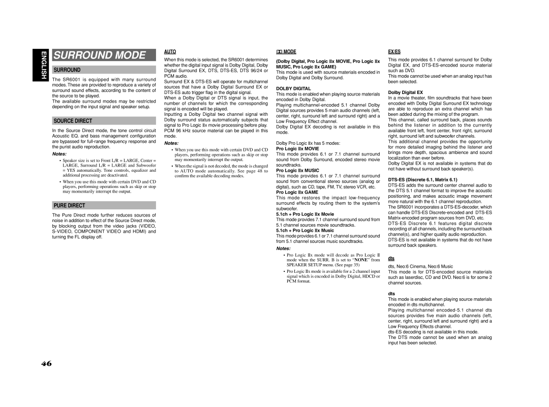 Marantz SR6001 manual Surround Mode, Source Direct, Pure Direct 