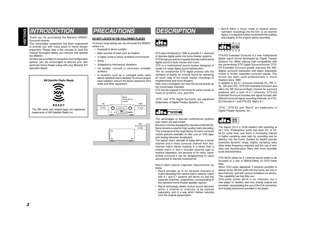 Marantz SR6001 Introduction, Precautions, Description, Do not Locate in the Following Places, XM Satellite Radio Ready 