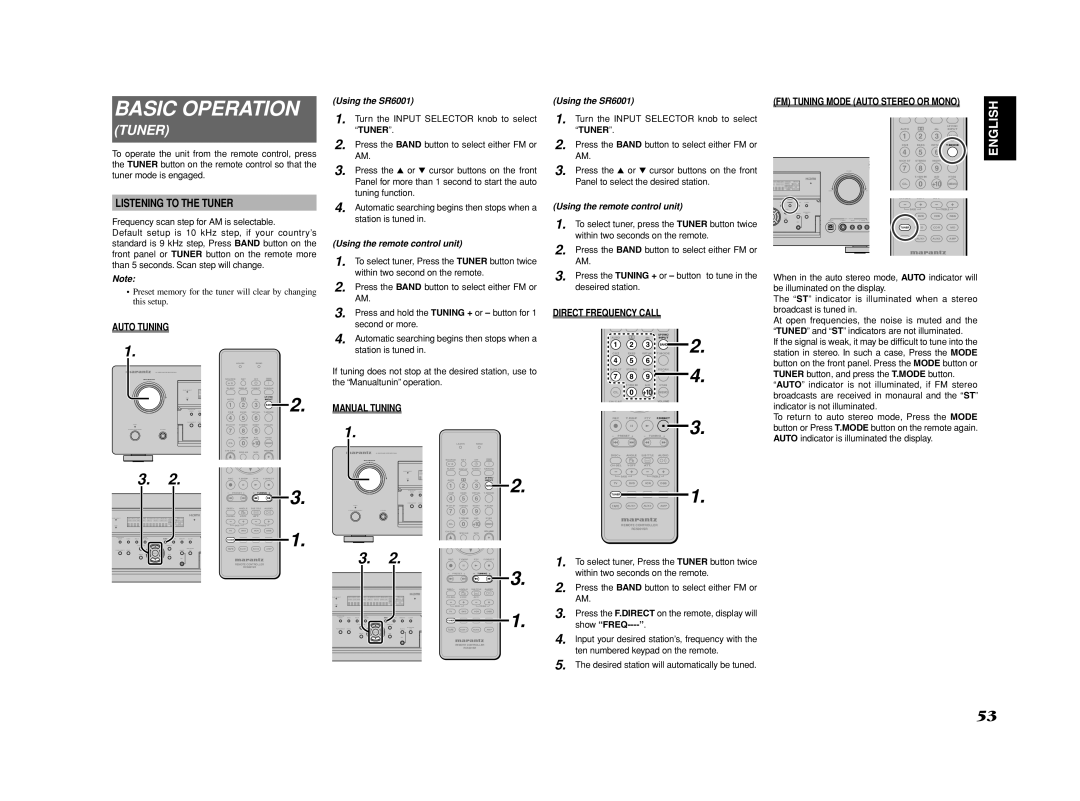 Marantz SR6001 manual Basic Operation, Listening to the Tuner, Auto Tuning, Manual Tuning Direct Frequency Call 