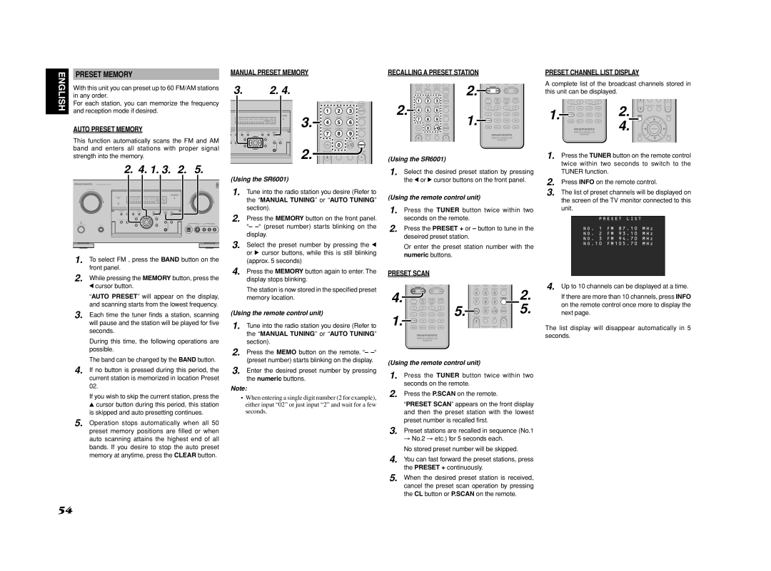 Marantz SR6001 manual Manual Preset Memory Recalling a Preset Station, Auto Preset Memory 