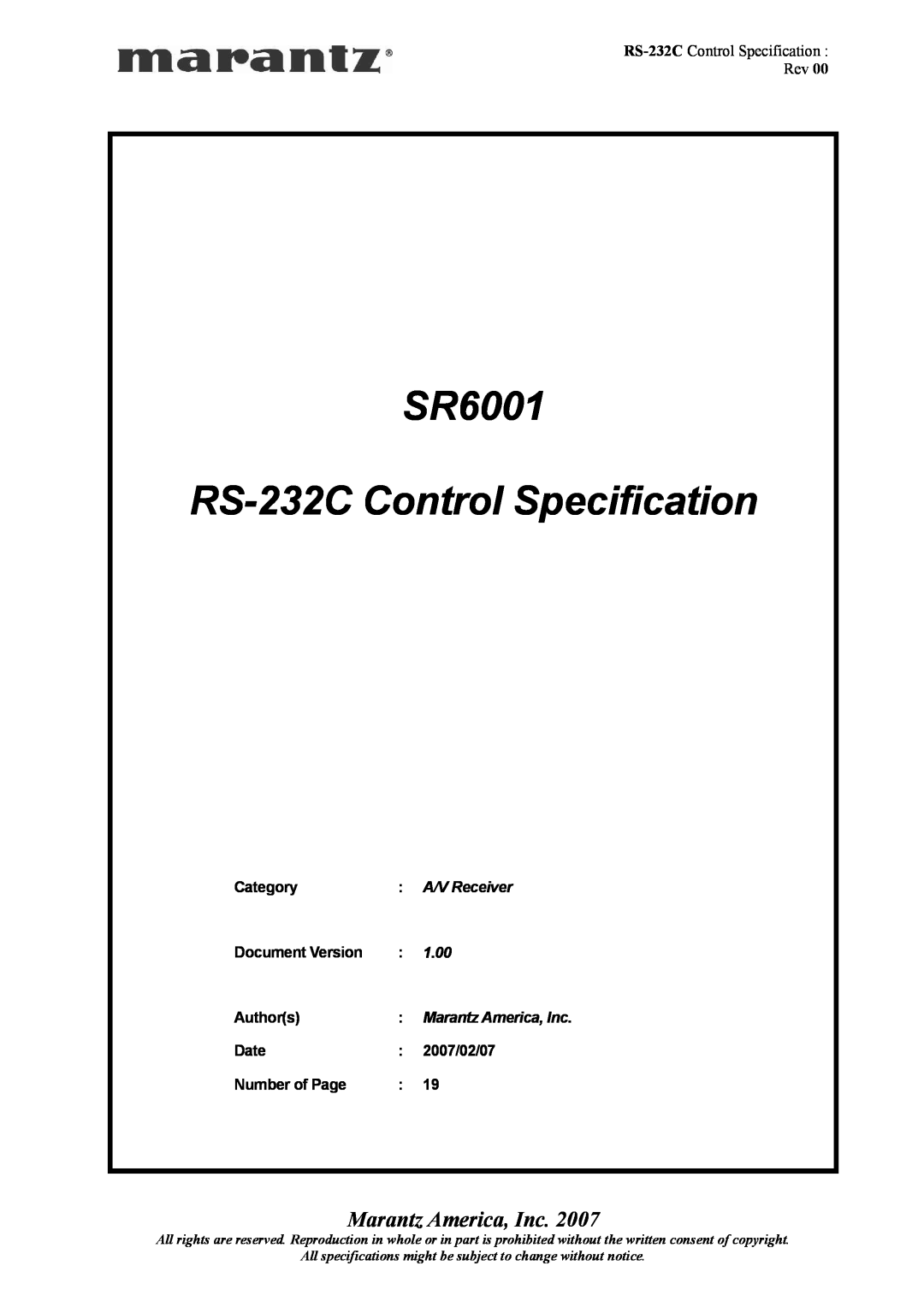 Marantz SR6001 specifications RS-232C Control Specification Rev, Category, Document Version, Authors, Date, 2007/02/07 