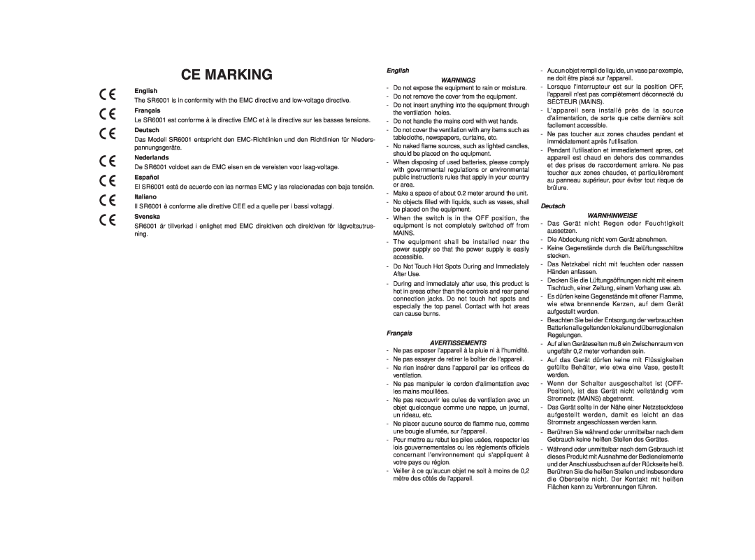 Marantz SR6001 manual Ce Marking, English WARNINGS, Français AVERTISSEMENTS, Deutsch WARNHINWEISE 