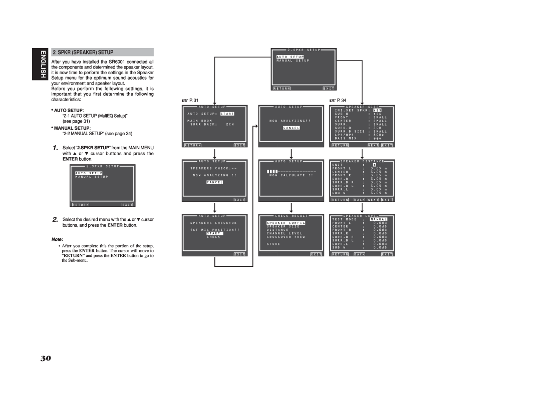 Marantz SR6001 English, Spkr Speaker Setup, Auto Setup, Manual Setup, press the ENTER button. The cursor will move to 