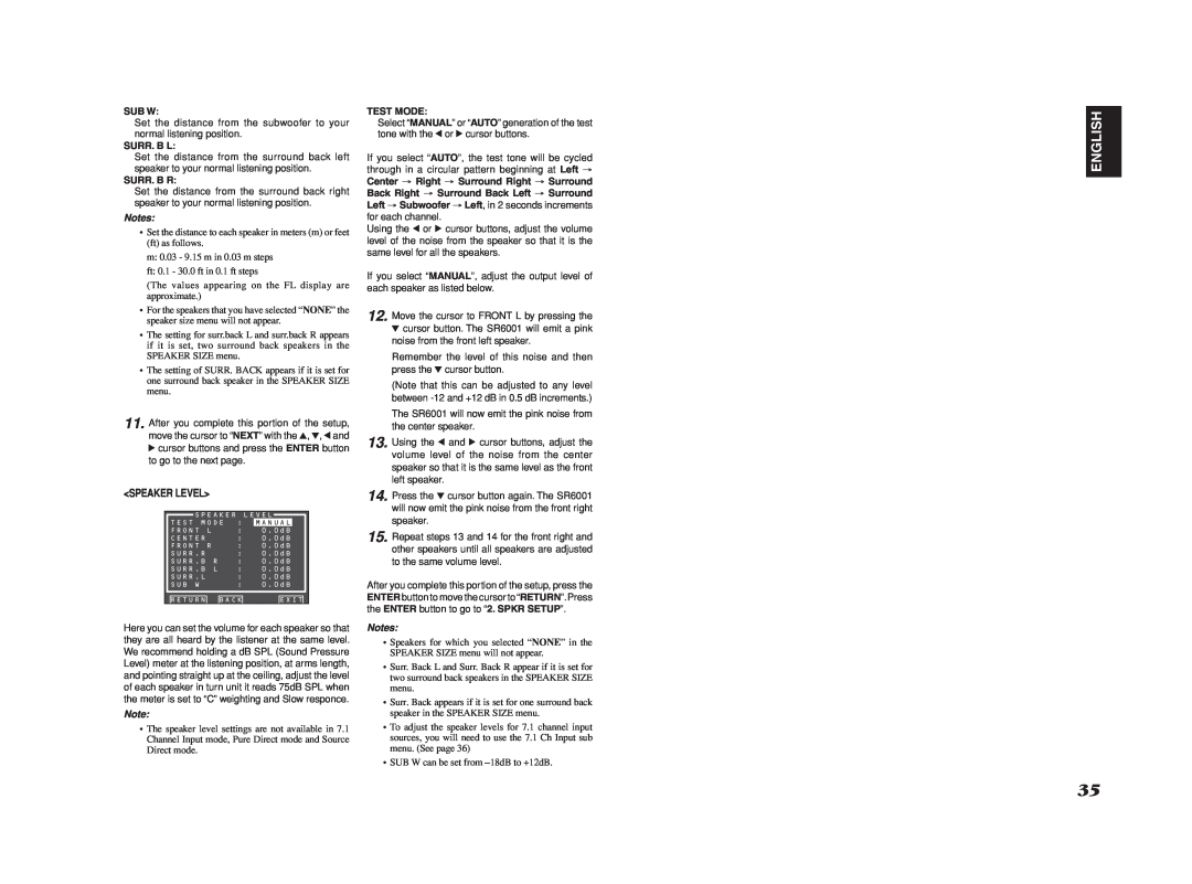 Marantz SR6001 manual English, Speaker Level, Sub W, Surr. B L, Surr. B R, Test Mode 