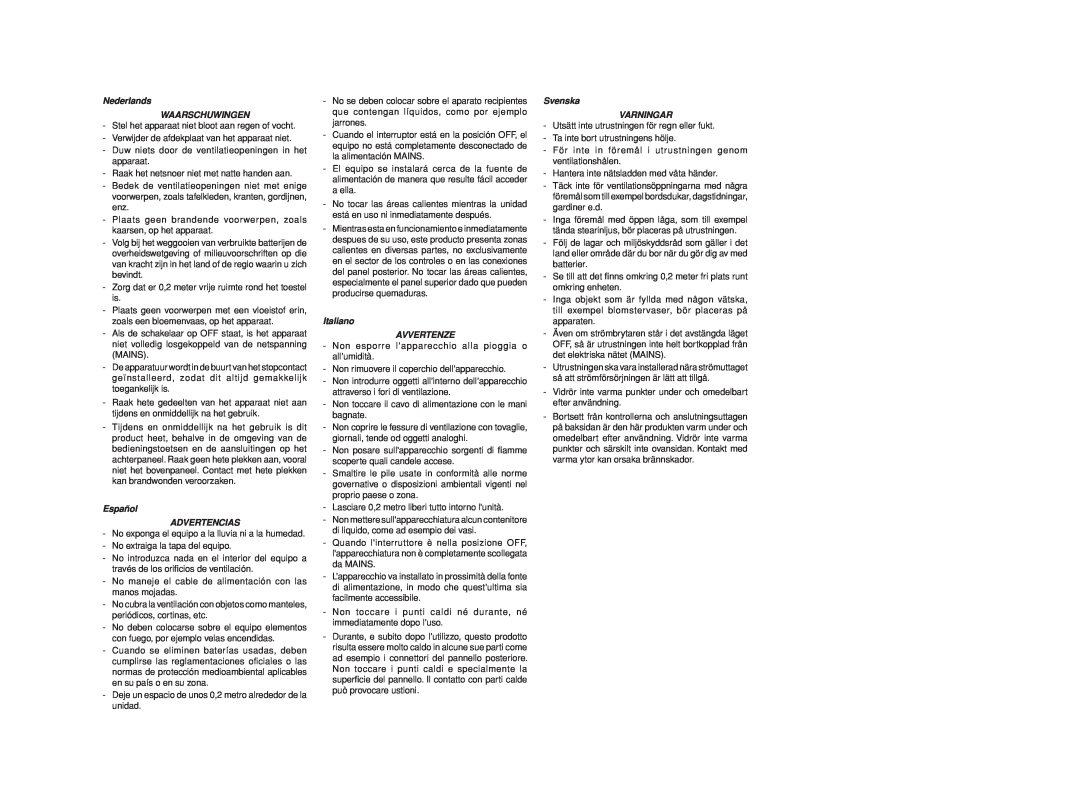 Marantz SR6001 manual Nederlands WAARSCHUWINGEN, Español ADVERTENCIAS, Italiano AVVERTENZE, Svenska VARNINGAR 