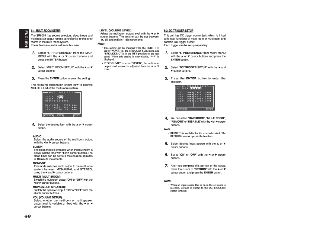 Marantz SR6001 manual English, 5-1MULTI ROOM SETUP, 5-2DC TRIGGER SETUP, Audio, Sleep, Mono/St, Multi Multi Room 