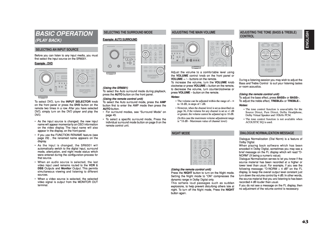 Marantz manual Basic Operation, Play Back, Night Mode, Example AUTO SURROUND, Example DVD, Using the SR6001 