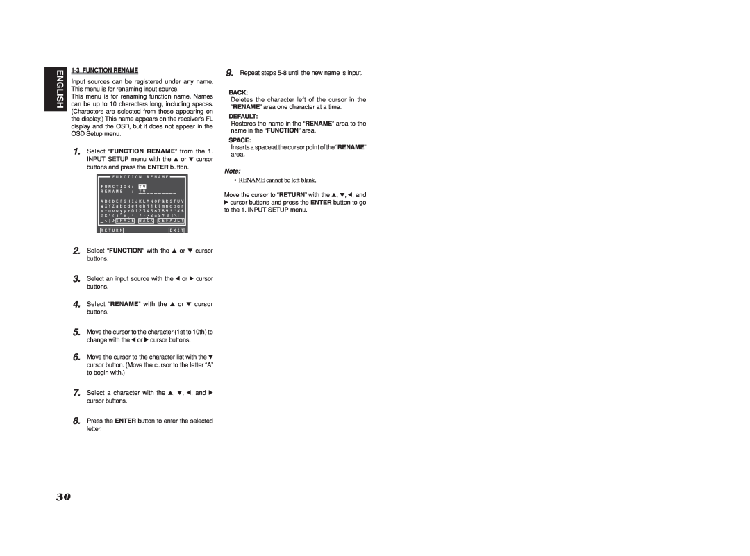 Marantz SR6001 manual English, 1-3FUNCTION RENAME, Back, Default, Space 