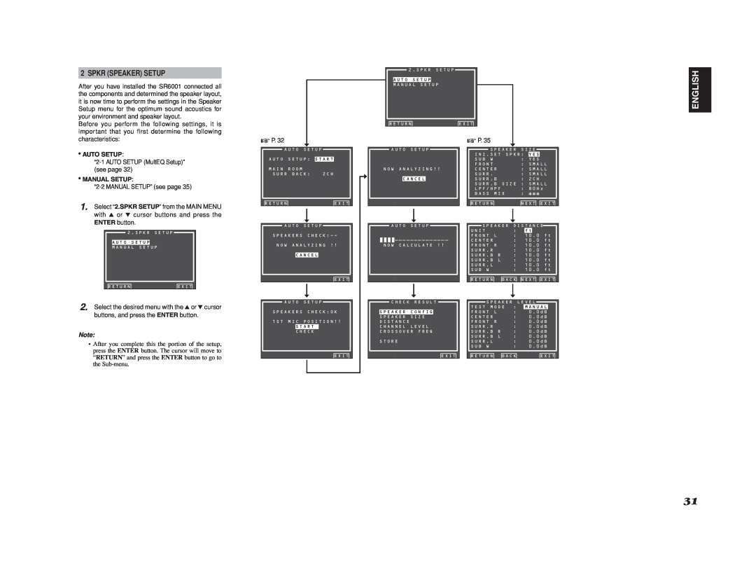 Marantz SR6001 manual English, Spkr Speaker Setup, Auto Setup, Manual Setup 