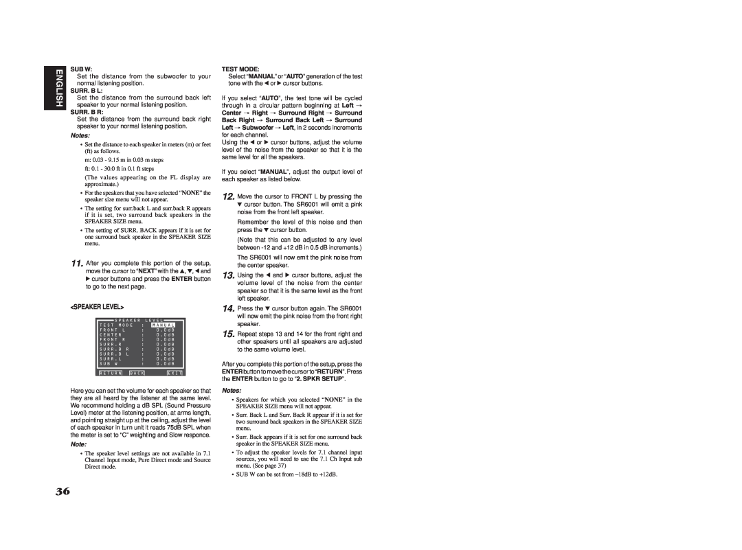 Marantz SR6001 manual Speaker Level, Sub W, Surr. B L, Surr. B R, Test Mode, English 