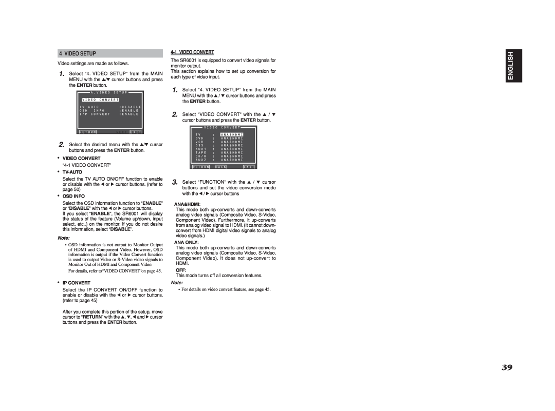 Marantz SR6001 manual English, Video Setup, 4-1VIDEO CONVERT 