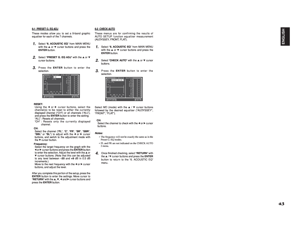 Marantz SR6001 manual English, 6-1PRESET G. EQ ADJ, 6-2CHECK AUTO, Reset, Frequency 