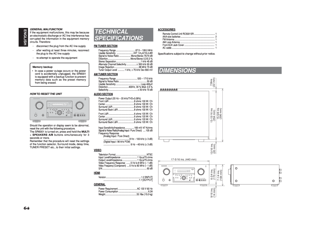 Marantz SR6001 manual Technical Specifications, Dimensions, Fm Tuner Section, Am Tuner Section, Audio Section, Video, Hdmi 