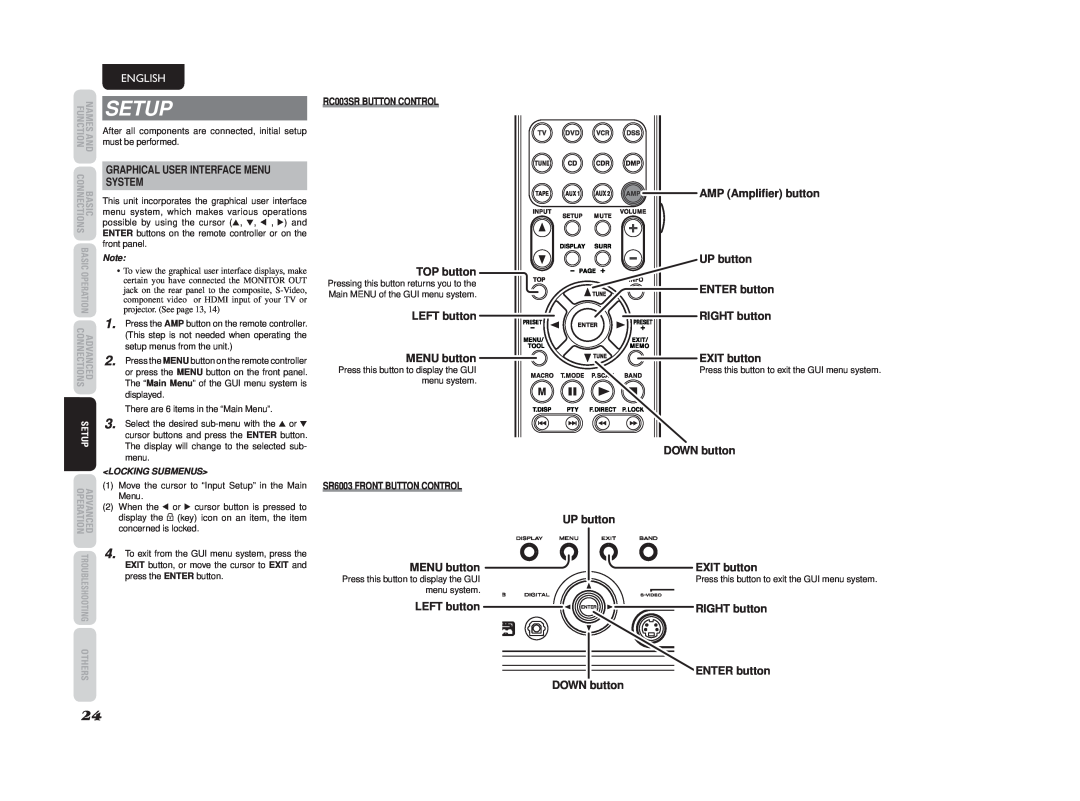 Marantz manual Setup, English, System, RC003SR BUTTON CONTROL, SR6003 FRONT BUTTON CONTROL, <Locking Submenus> 