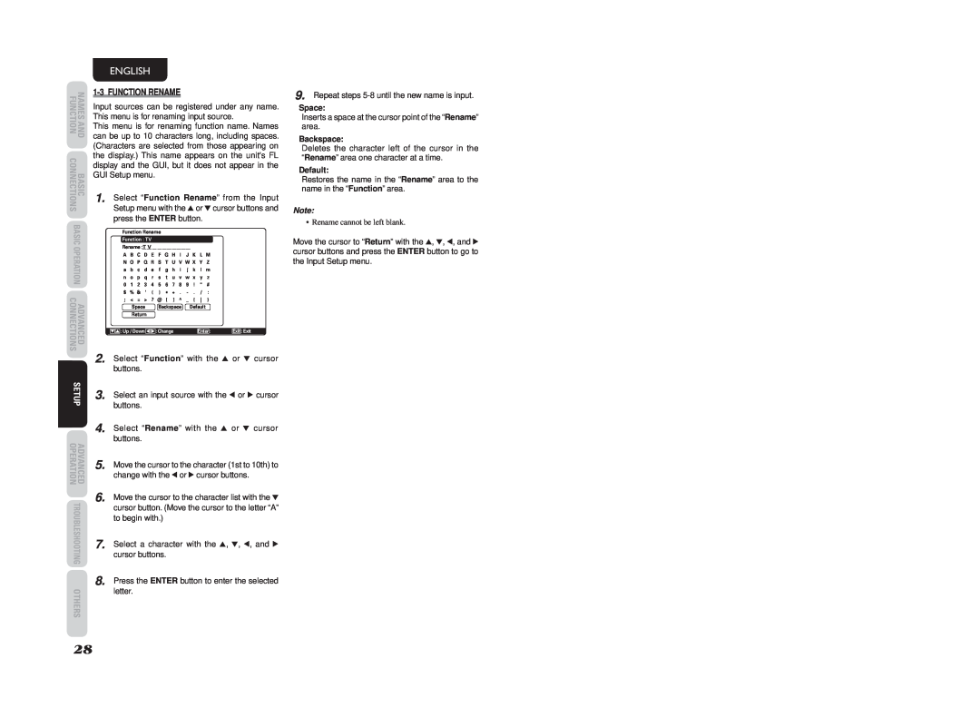 Marantz SR6003 manual English, 1-3FUNCTION RENAME, Function, Basic, Advanced, Others 