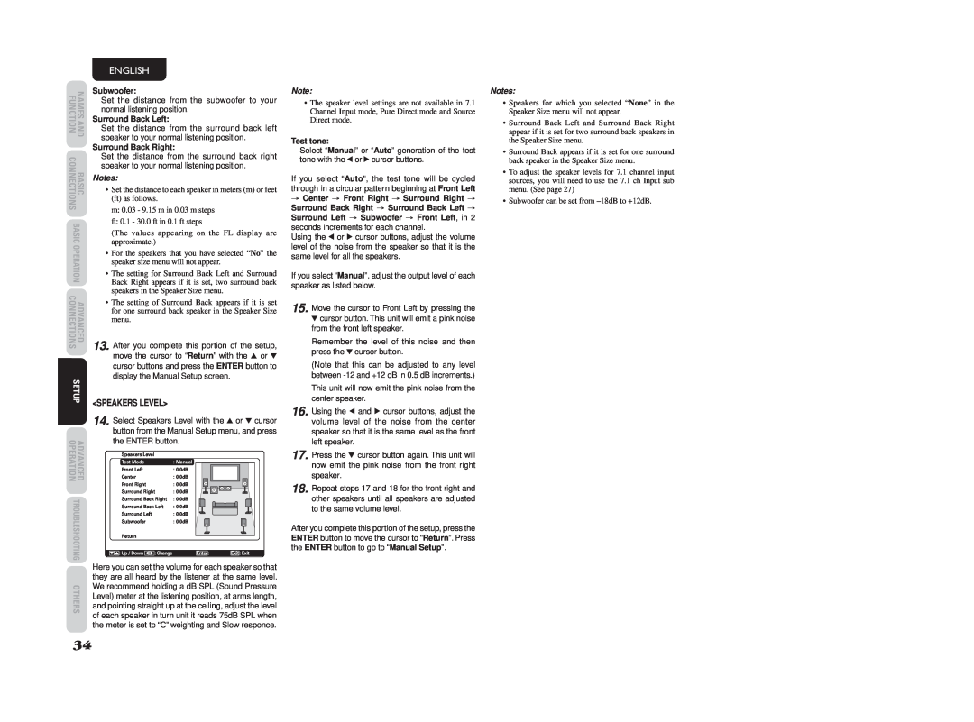 Marantz SR6003 manual English, <Speakers Level>, Function, Basic, Advanced, Others, Notes 