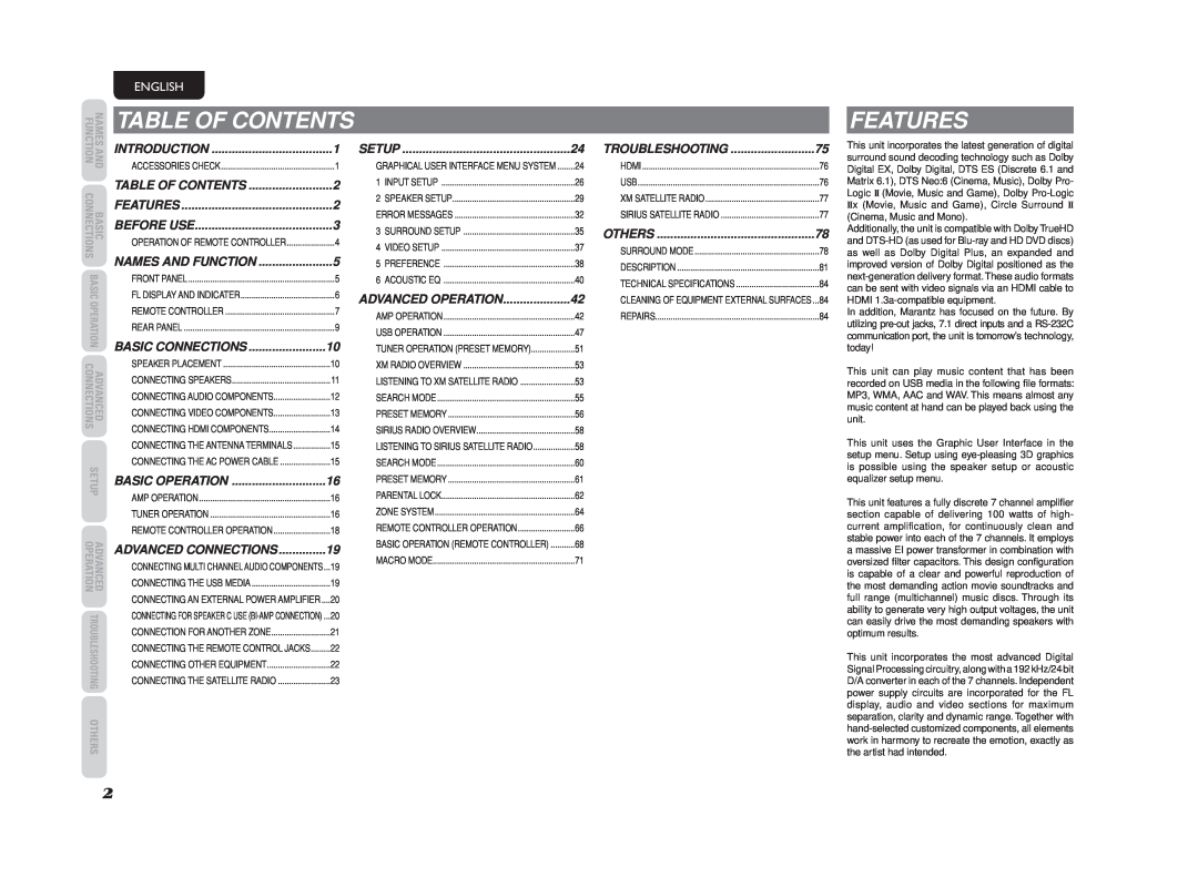 Marantz SR6003 manual Table Of Contents, Features, English 