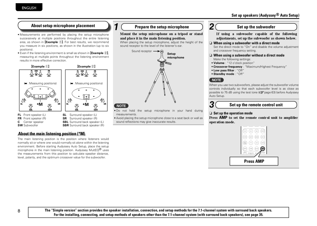 Marantz SR6005 manual About setup microphone placement, Set up the subwoofer, Set up the remote control unit, Press AMP 