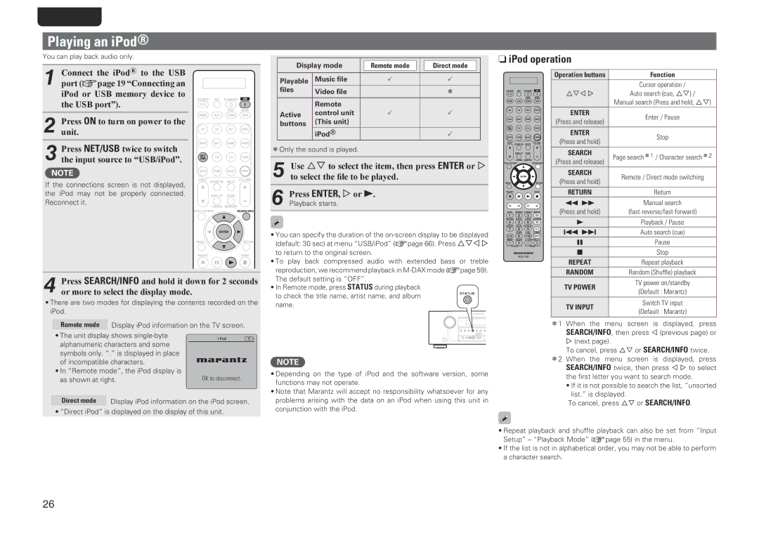 Marantz SR6005 manual Playing an iPod, NniPod operation, Direct mode, Display mode 