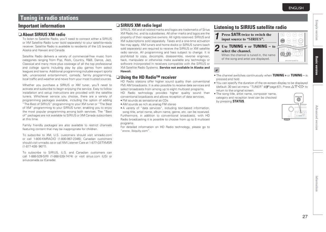 Marantz SR6005 manual Tuning in radio stations, Listening to Sirius satellite radio, NnAbout Sirius XM radio 