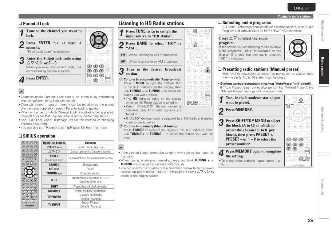 Marantz SR6005 manual Listening to HD Radio stations, NnParental Lock, NnSIRIUS operation, NnSelecting audio programs 