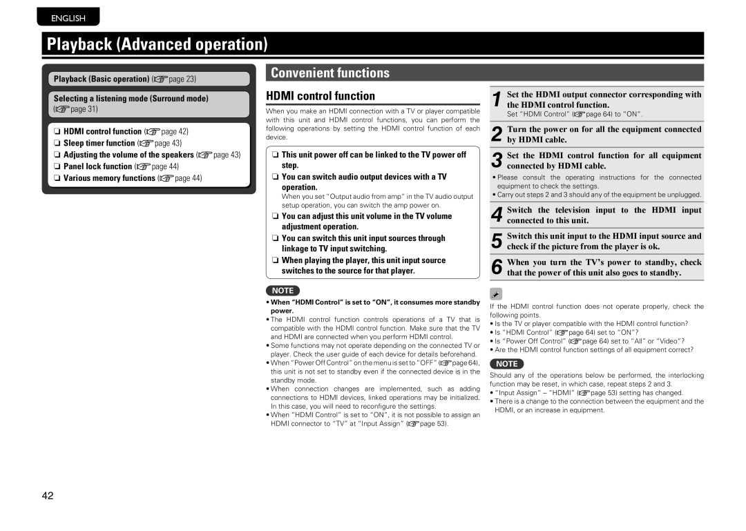 Marantz SR6005 Playback Advanced operation, Convenient functions, Hdmi control function, Set Hdmi Control vpage 64 to on 