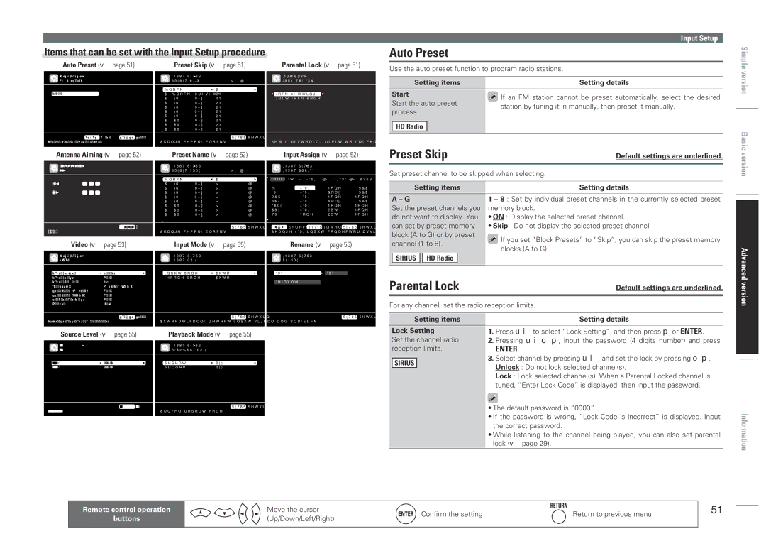 Marantz SR6005 manual Auto Preset, Preset Skip, Parental Lock, Items that can be set with the Input Setup procedure, Sirius 