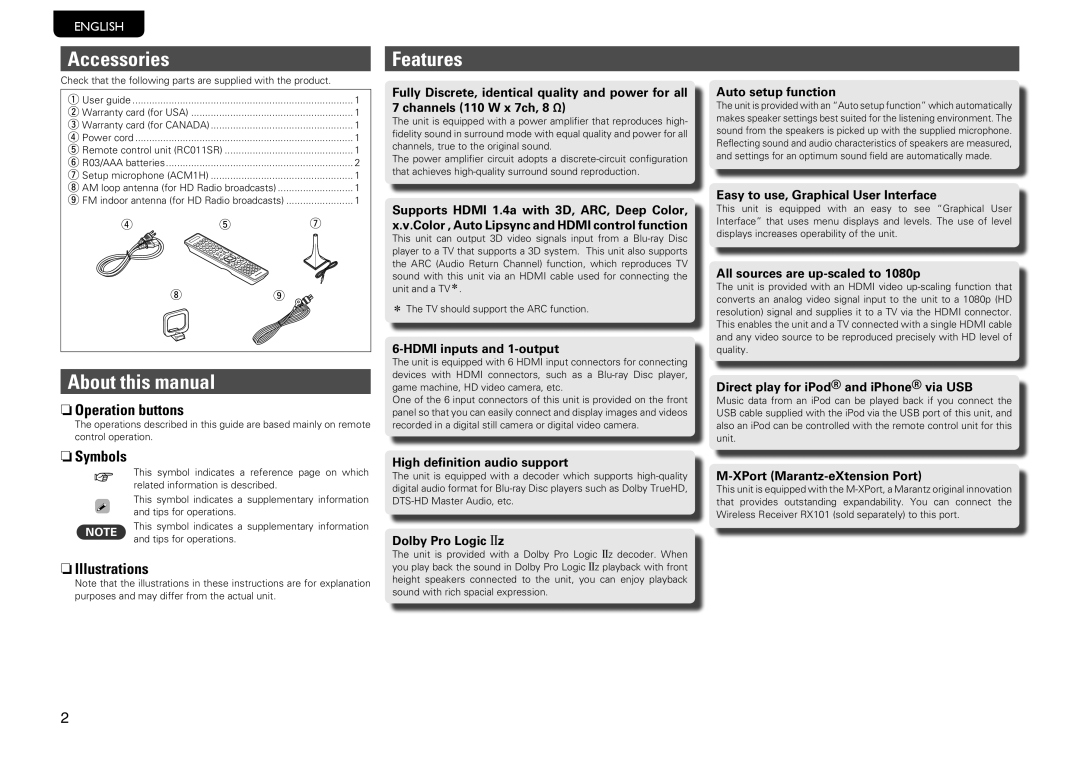 Marantz SR6005 Accessories, About this manual, Features 