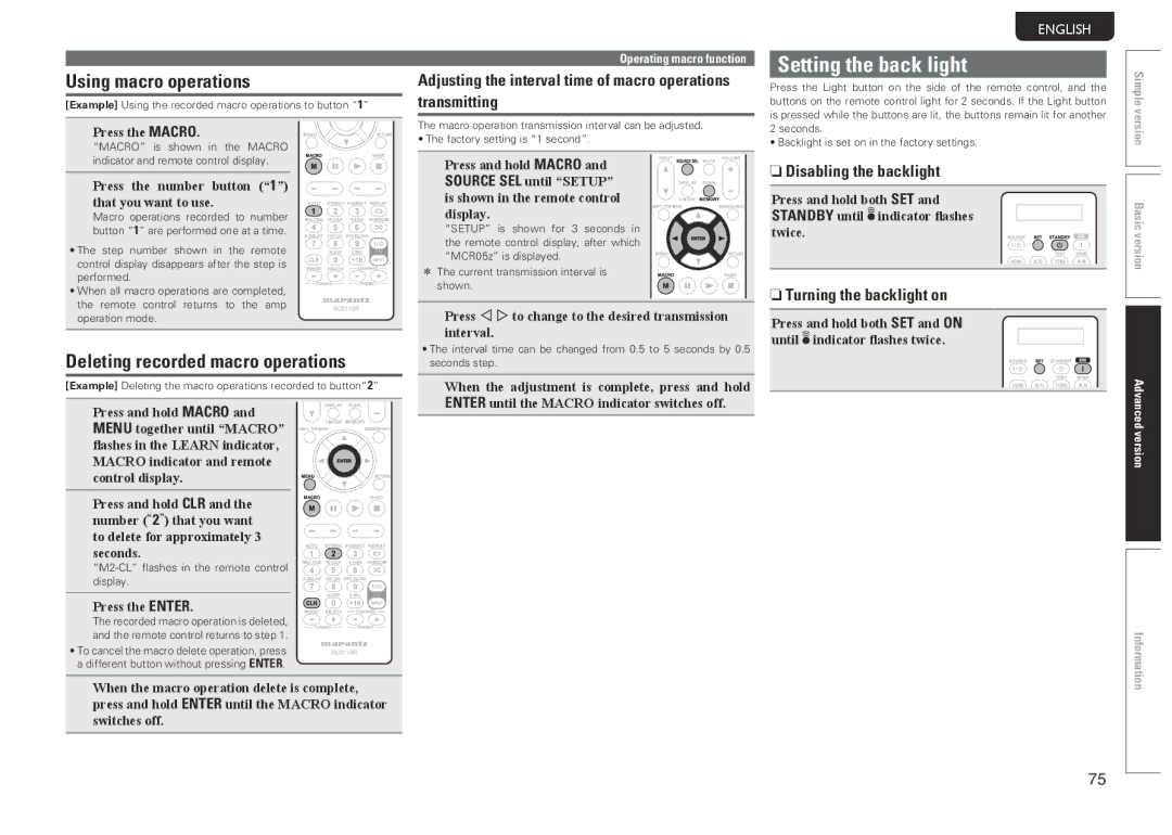 Marantz SR6005 manual Setting the back light, Using macro operations, Deleting recorded macro operations 