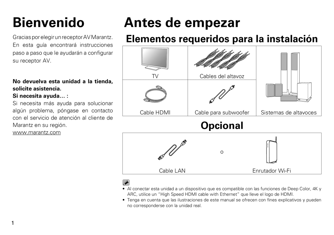 Marantz SR6009 quick start Bienvenido, Antes de empezar, Elementos requeridos para la instalación 