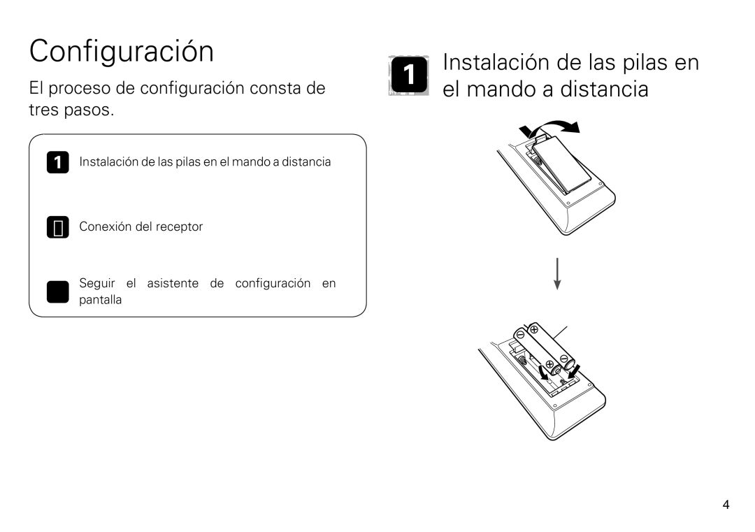 Marantz SR6009 quick start Configuración, Instalación de las pilas en el mando a distancia 