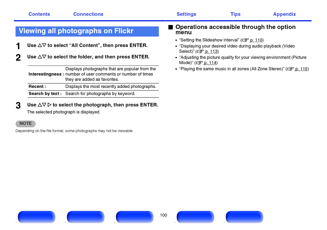 Marantz SR6009 owner manual Viewing all photographs on Flickr, Operations accessible through the option menu 