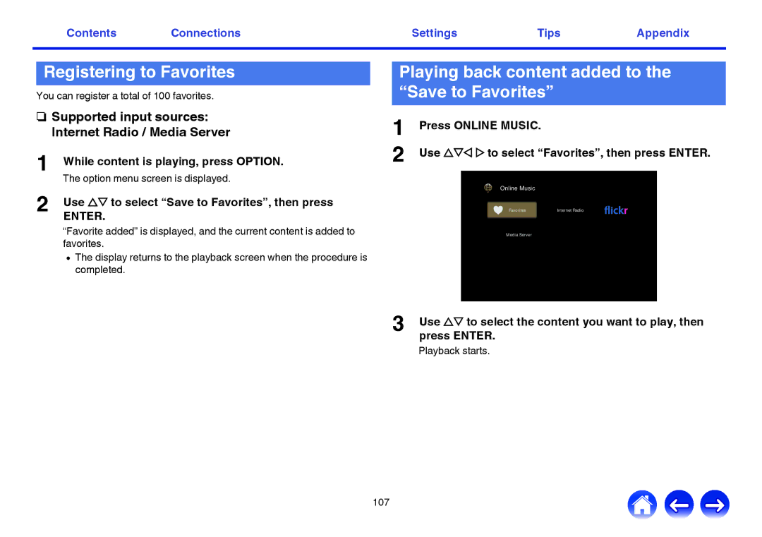 Marantz SR6009 owner manual Registering to Favorites, Playing back content added to the Save to Favorites 