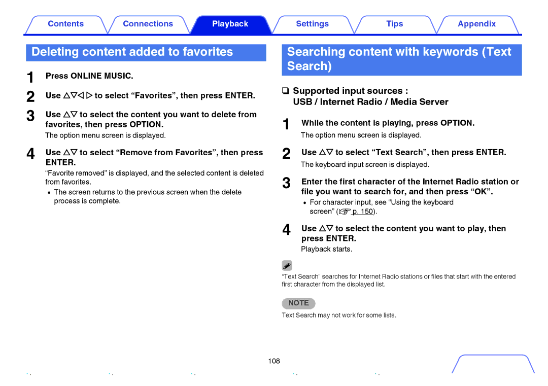 Marantz SR6009 owner manual Deleting content added to favorites, Searching content with keywords Text Search 