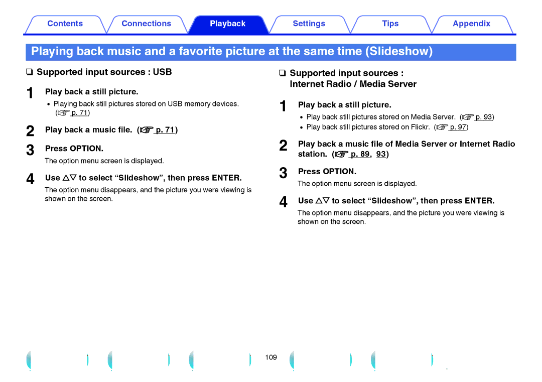 Marantz SR6009 owner manual Play back a still picture, Use ui to select Slideshow, then press Enter 