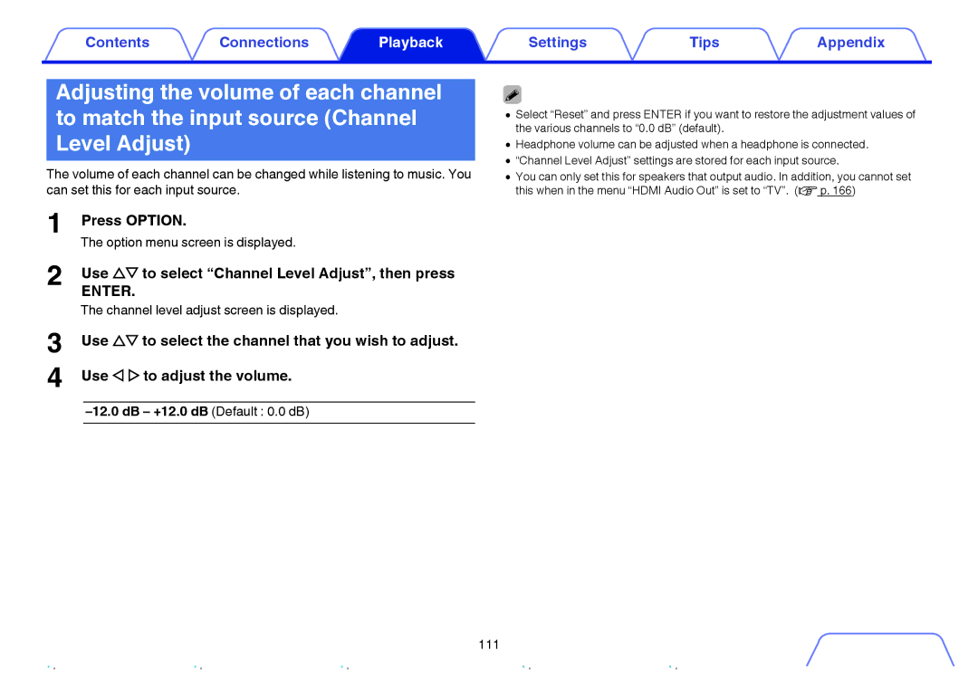 Marantz SR6009 owner manual Use ui to select Channel Level Adjust, then press, Channel level adjust screen is displayed 