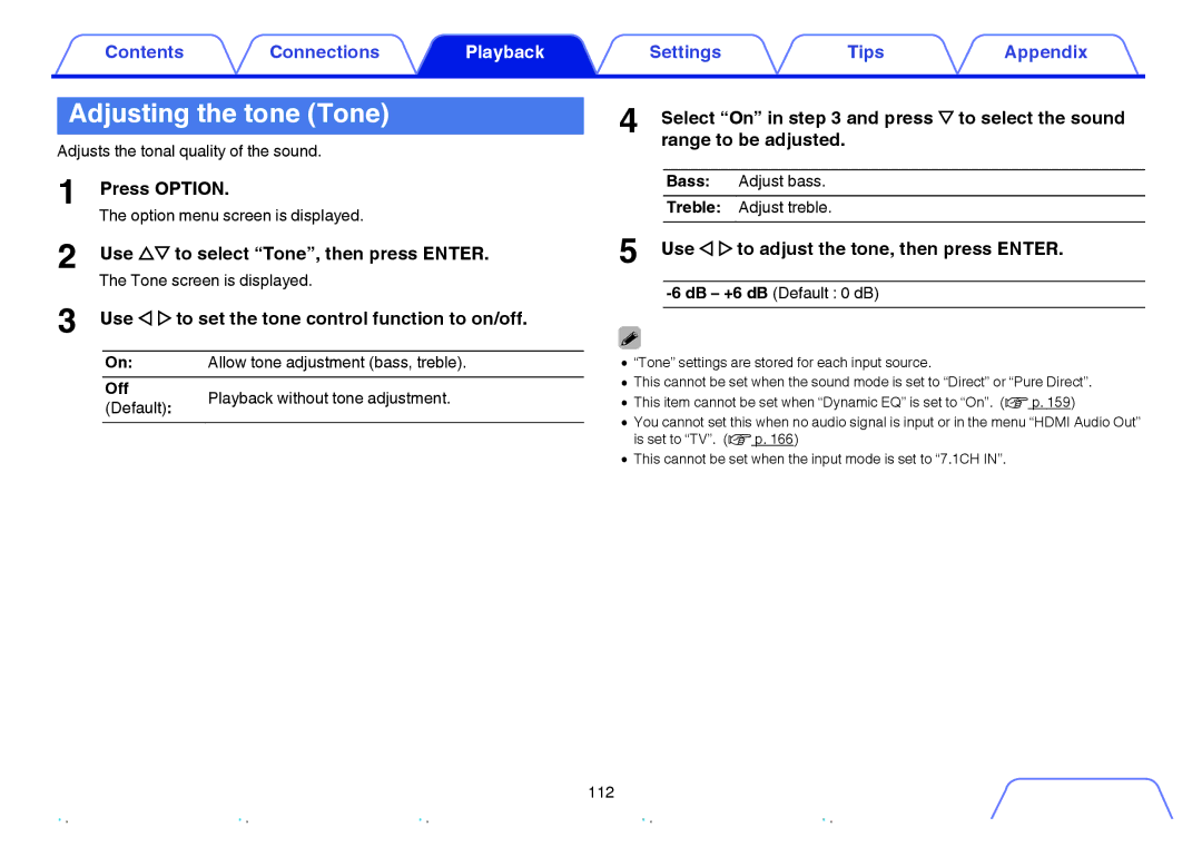 Marantz SR6009 owner manual Adjusting the tone Tone, Use ui to select Tone, then press Enter 