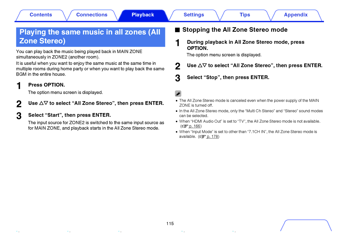 Marantz SR6009 owner manual Playing the same music in all zones All Zone Stereo, Stopping the All Zone Stereo mode 