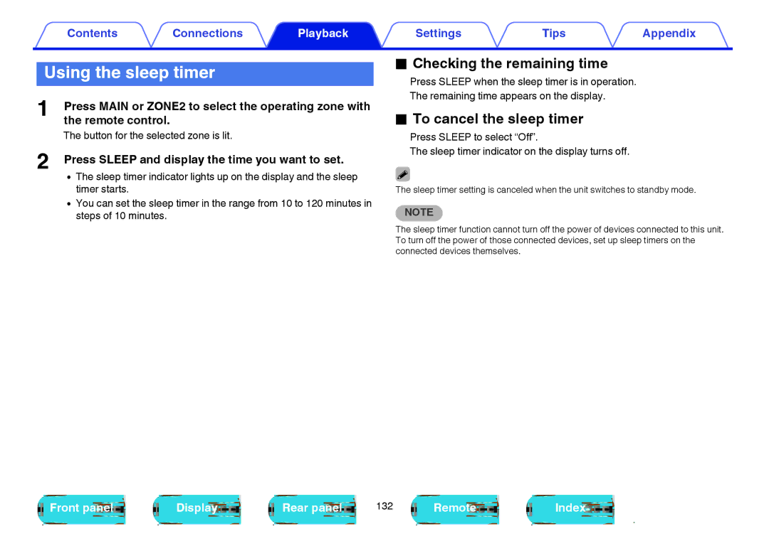 Marantz SR6009 owner manual Using the sleep timer, Checking the remaining time, To cancel the sleep timer 