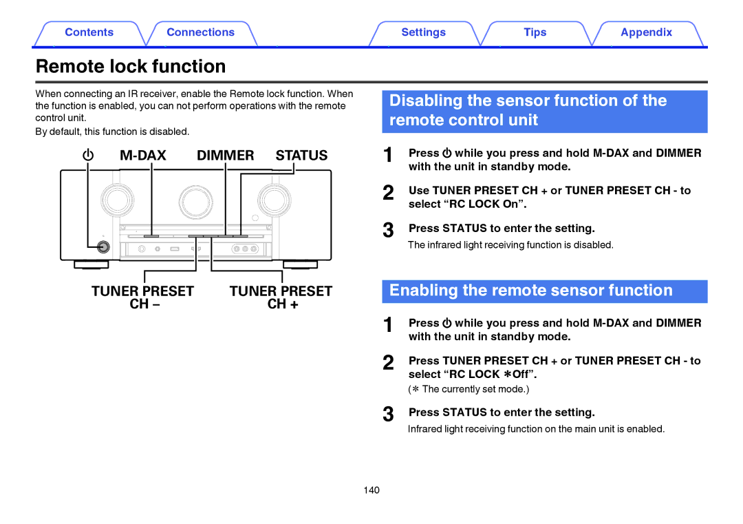 Marantz SR6009 owner manual Remote lock function, Disabling the sensor function of the remote control unit, Ch + 