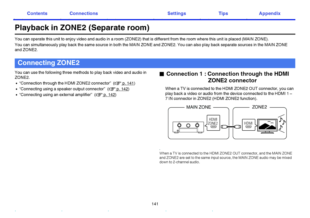 Marantz SR6009 Playback in ZONE2 Separate room, Connecting ZONE2, Connection 1 Connection through the Hdmi ZONE2 connector 