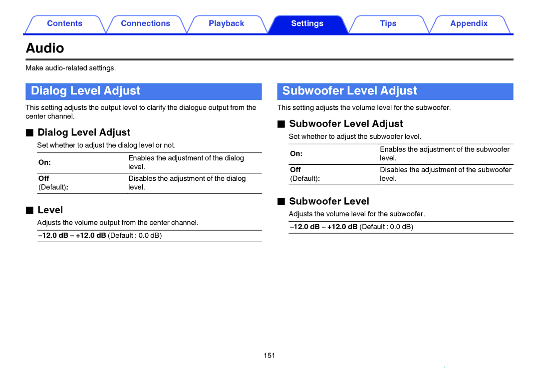 Marantz SR6009 owner manual Audio, Dialog Level Adjust, Subwoofer Level Adjust 