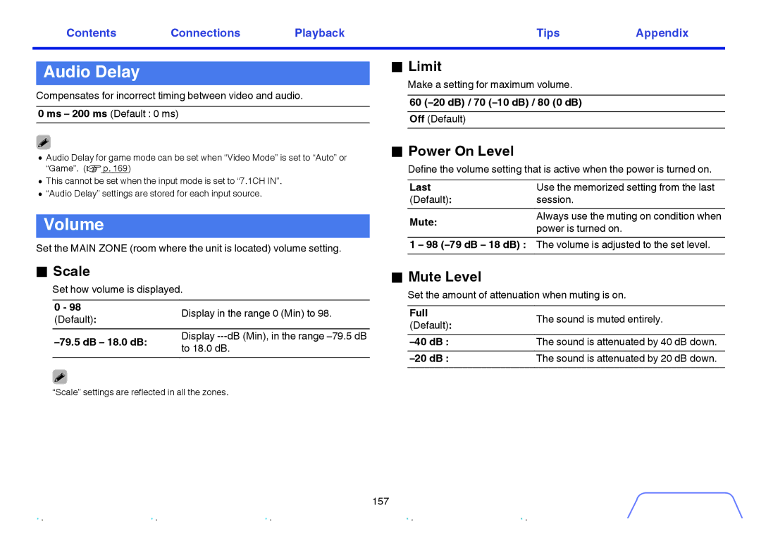 Marantz SR6009 owner manual Audio Delay, Volume 