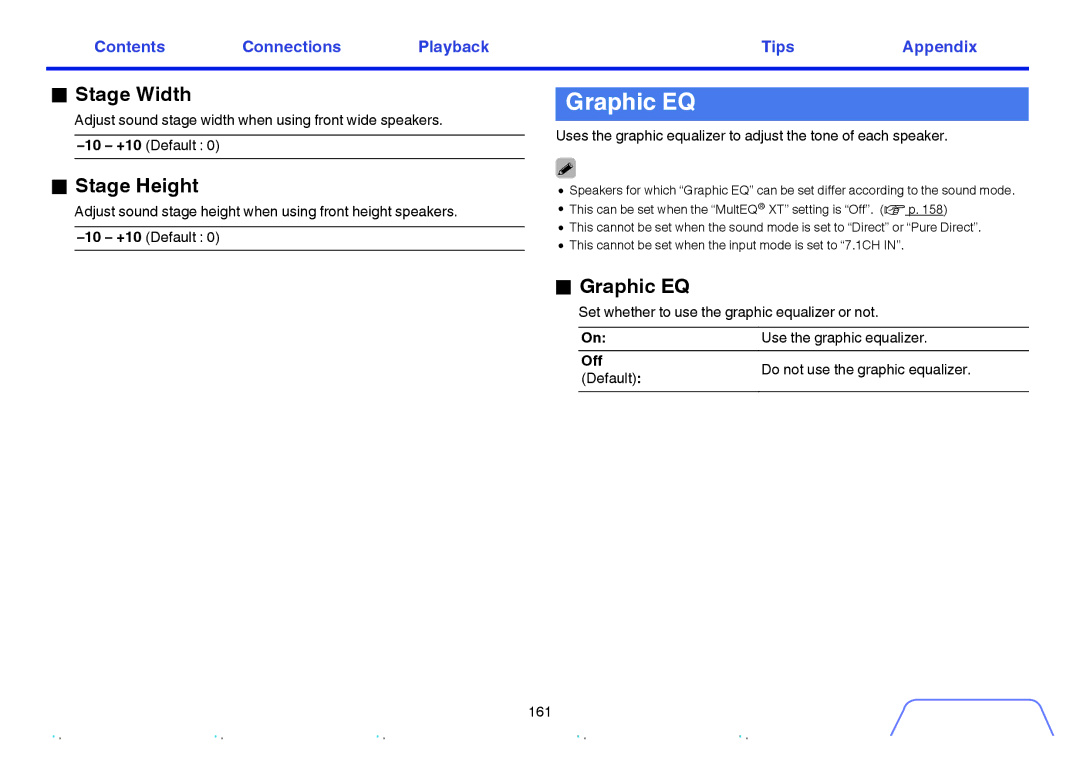 Marantz SR6009 owner manual Graphic EQ, Stage Width, Stage Height 